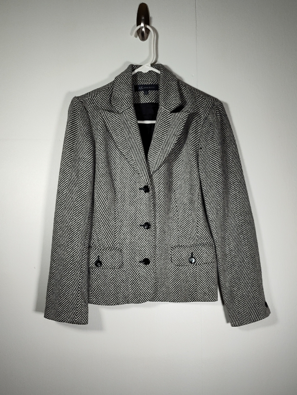 Anne‎ Klein womens vintage wool blend black white herringbone blazer jacket 10
